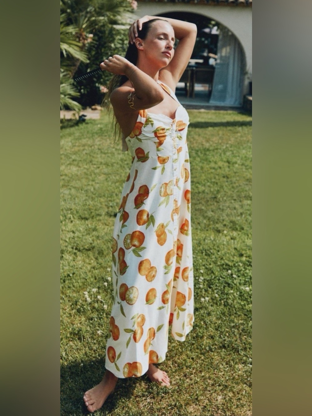 Zara White Halter Maxi Dress with Orange Fruit Print - Picture 2 of 6